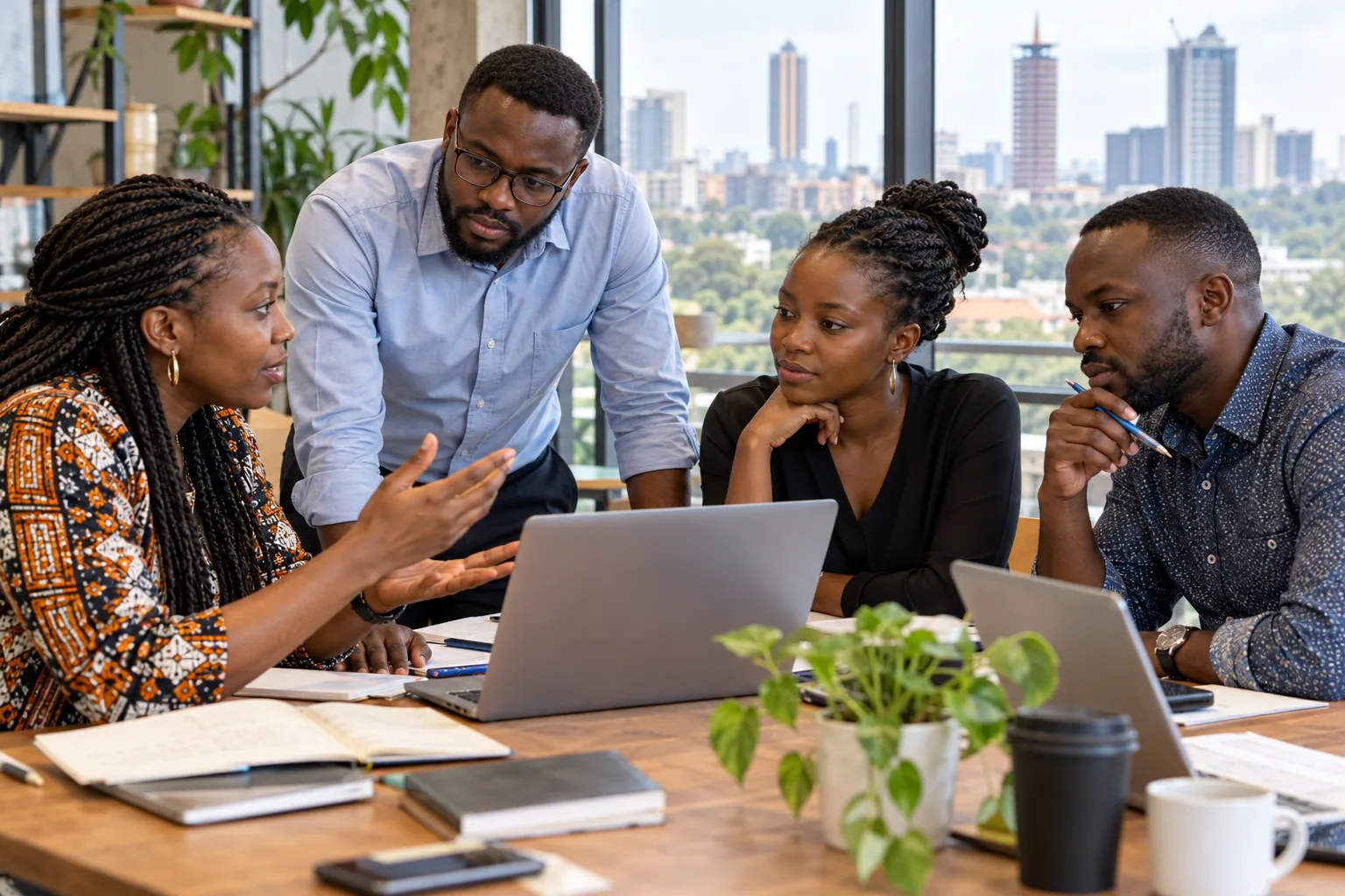 East African research professionals discussing evidence together